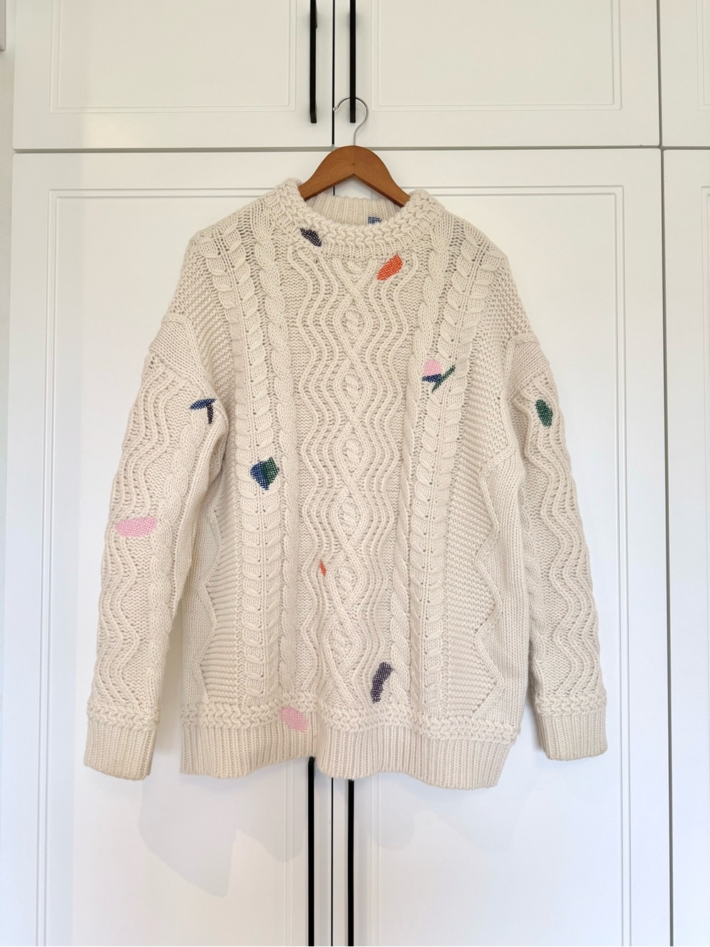 ADER Error Ivory Cable Knit Lambswool Sweater A1 Colorful Embroidery